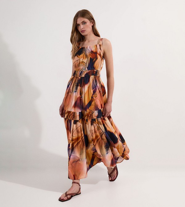 Petite Printed Shirred Tiered Maxi Dress
