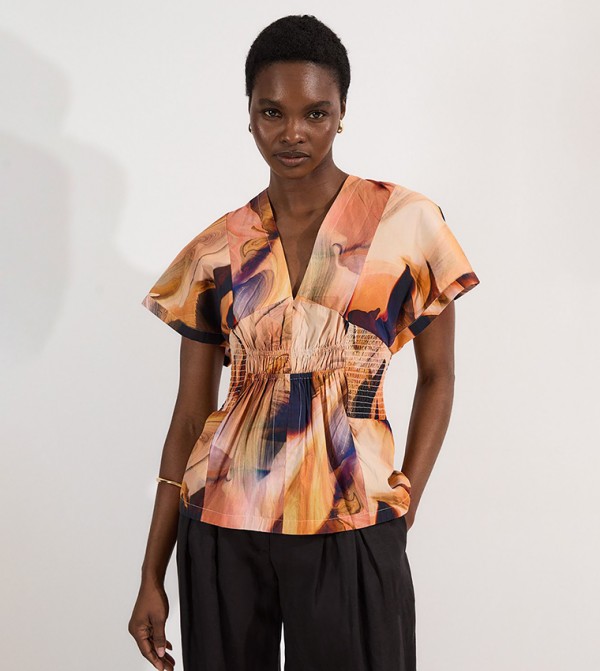 Shirred Printed Woven Plunge Neck Short Sleeves Top