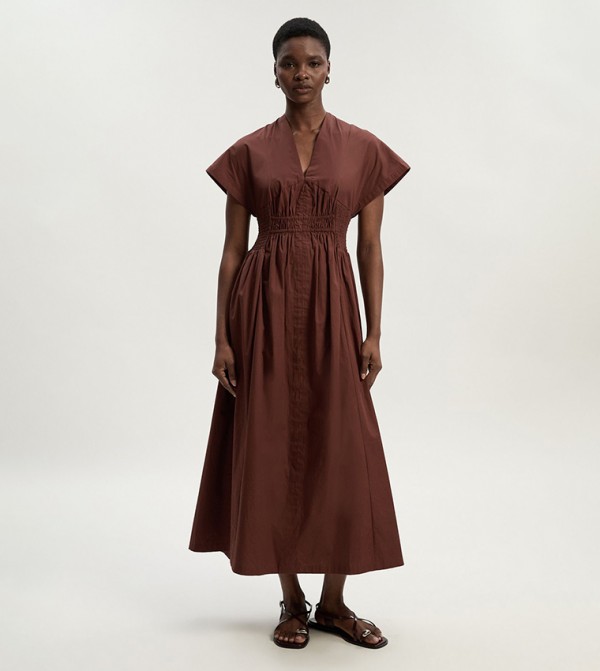 Shirred Cotton Woven Plunge Neck Short Sleeves Midaxi Dress