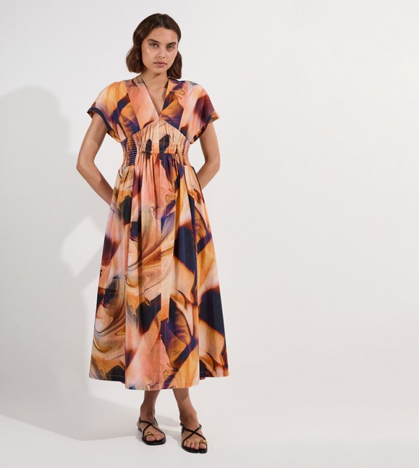 Patterned Shirred Short Sleeves Midaxi Dress