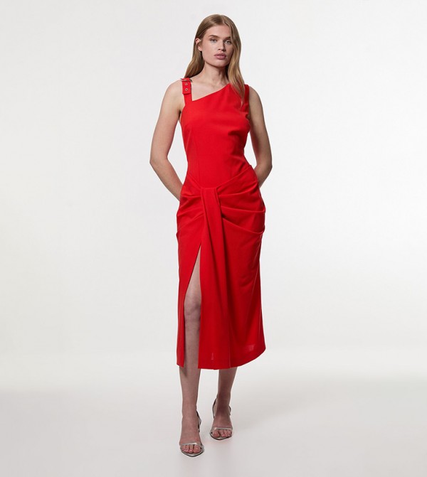 Petite Asymmetric Neck Strappy Detail Midi Dress
