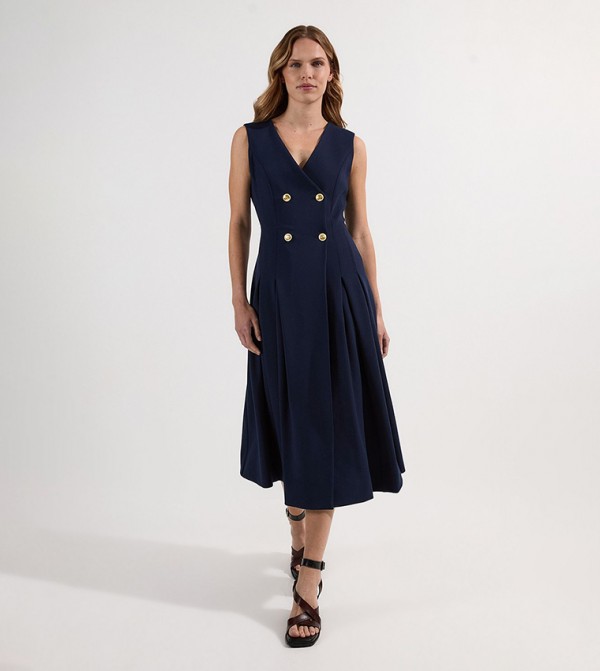 Compact Stretch Sleeveless Button Front Midi Dress