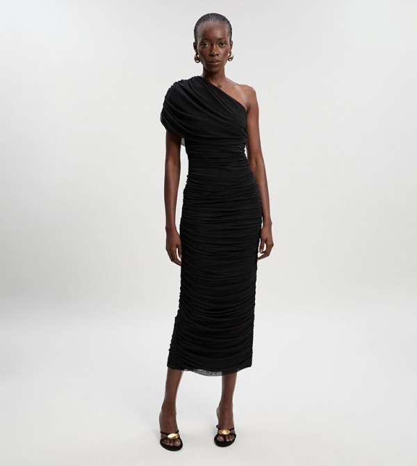 Mesh Gathered One Shoulder Knit Midi Dress