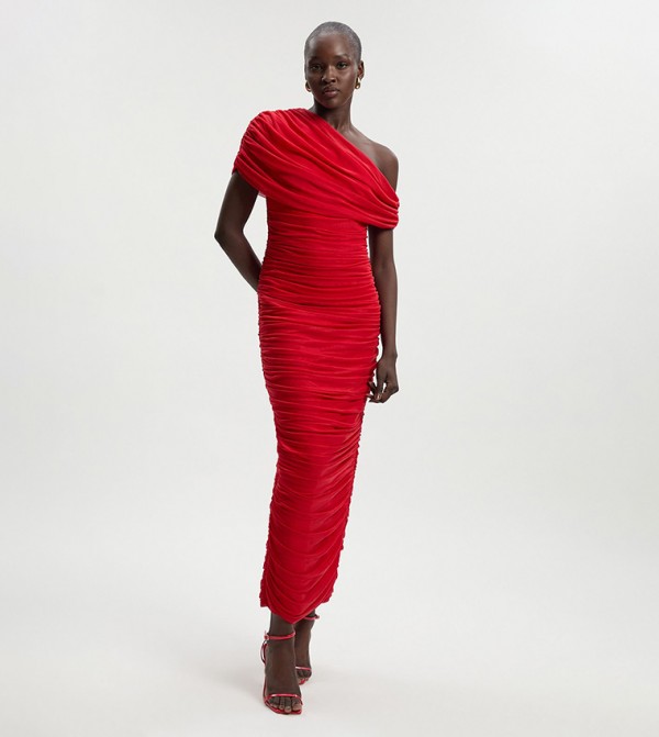 Bandage Mesh Gathered Asymmetric Neck Maxi Dress