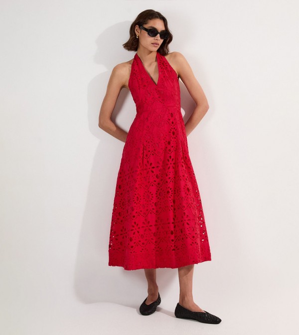 Cotton Broderie Halterneck Woven Midi Dress