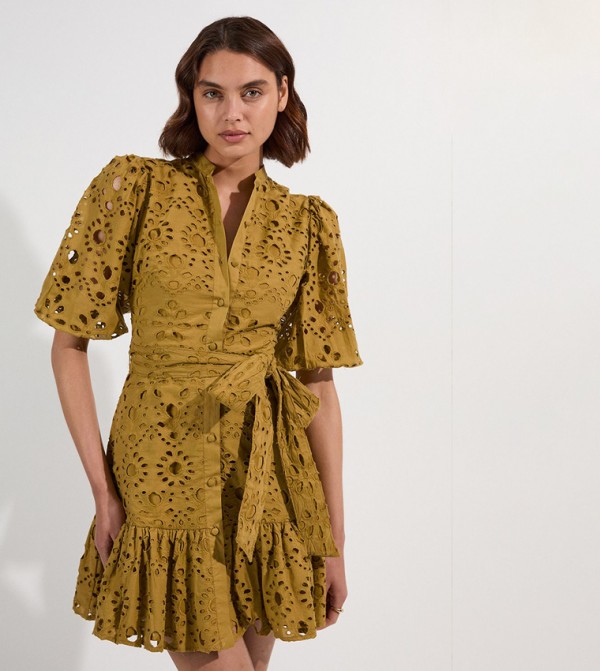 Broderie Tie Waist Mini Dress