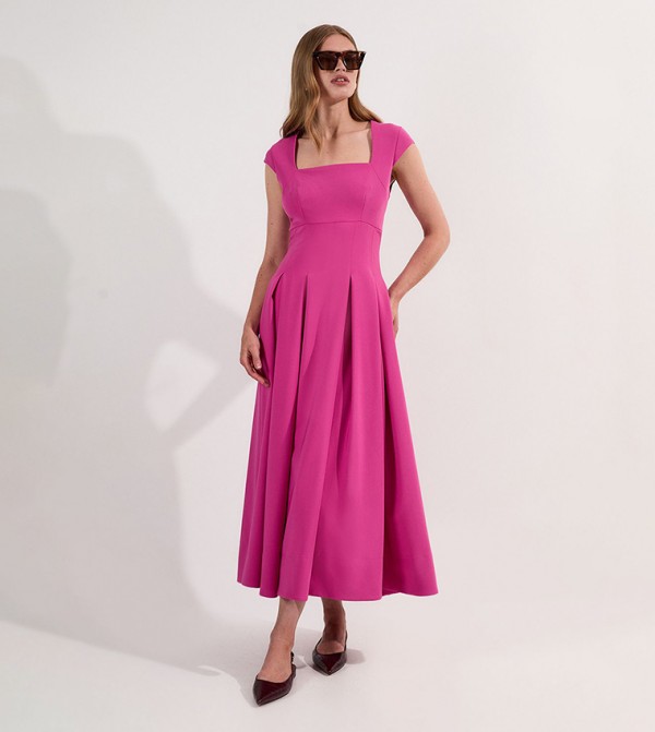 Tailored Square Neck Flared Midi Dress