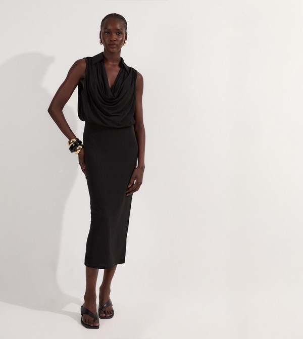 Drape Collared Crepe Midi Dress