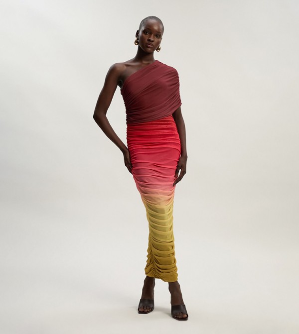 Ombre One Shoulder Mesh Jersey Maxi Dress
