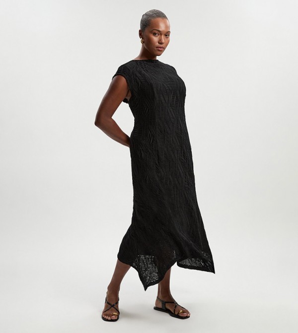 Curve Textured Hanky Hem Trim Detail Jersey Maxi Dress