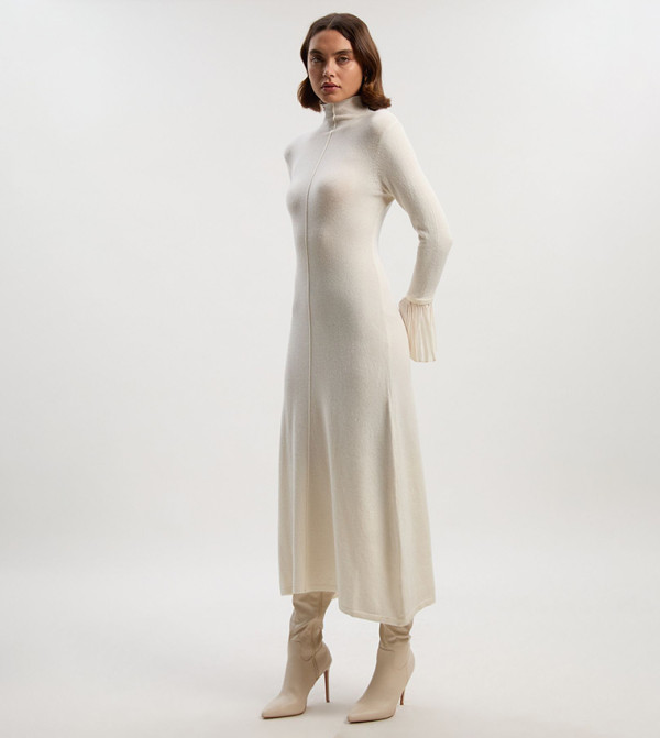 فستان ميدي محبوك مزيج صوف وألباكا بكسرات وأساور حرير