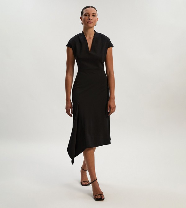 Petite Premium Ponte V-Neck Asymmetric Front Tailored Midi Dress