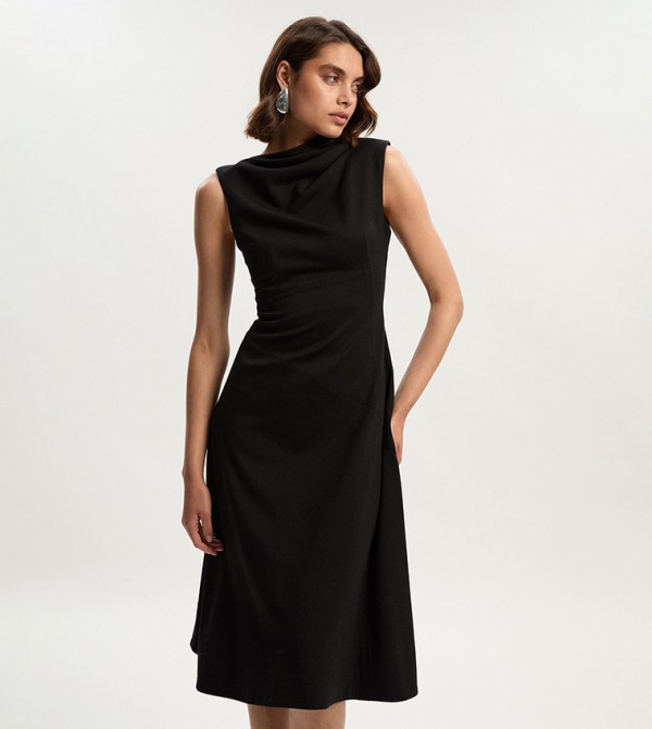 Petite Ponte Sleeveless Asymmetric Tailored Midi Dress
