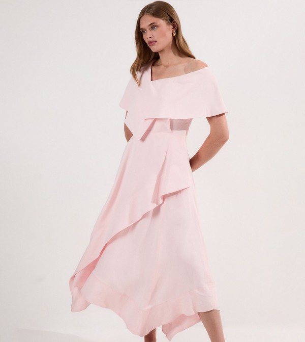 Premium Tailored Linen Asymmetric Shoulder Full Midi Dress