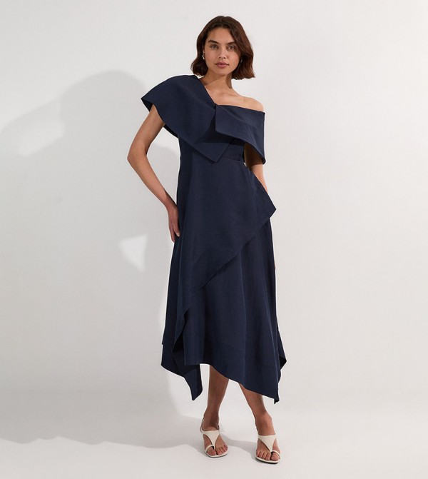 Premium Tailored Linen Asymmetric Shoulder Midi Dress