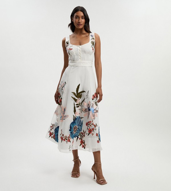 Botanical Embroidered Organdie Strappy Midi Dress