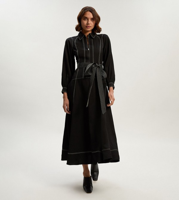 Premium Linen Twill Topstitch Maxi Dress