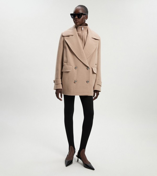 Wool Detail Knitted Neck Tailored Double Breasted Pea Coat