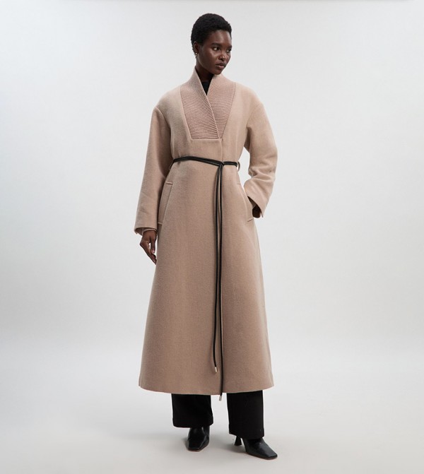 Wool Wrap Neck Belted Coat
