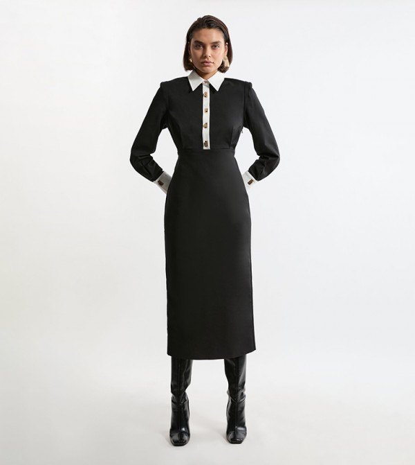 Petite Woven Midi Shirt Dress with Gold Clasps