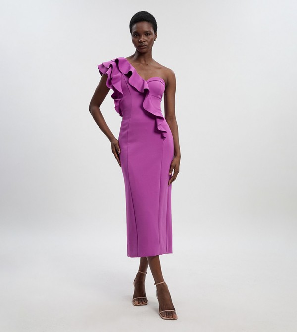 Scuba Draped Ruffle Woven Midi Dress