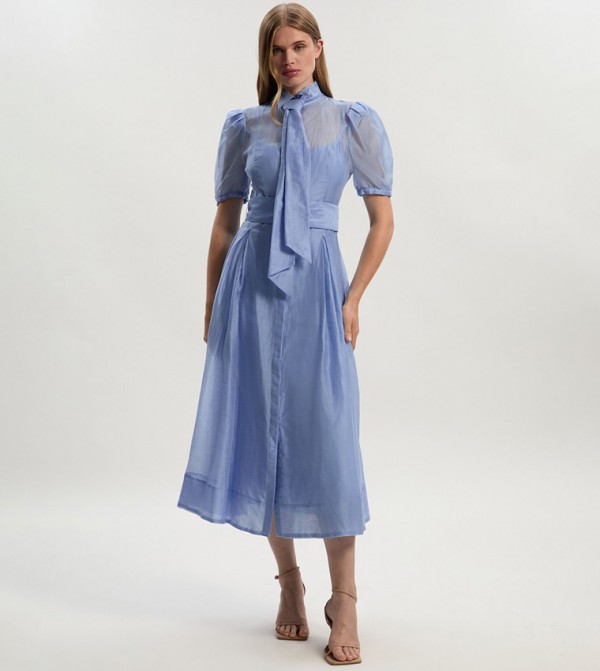 Petite Organdie Tie Neck Midi Dress