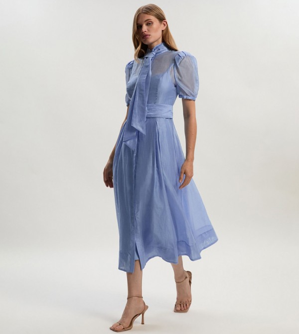 Tall Organdie Tie Neck Midi Dress