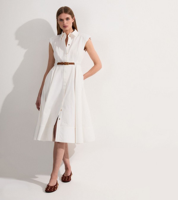 Petite Tailored Belted Collared Midi Shirt Dress