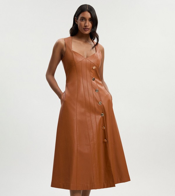 Faux Leather Button Detail Sleeveless Midi Dress