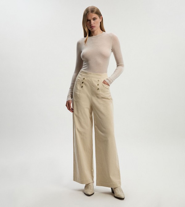 Stretch Cord Button Front Wide Leg Trousers