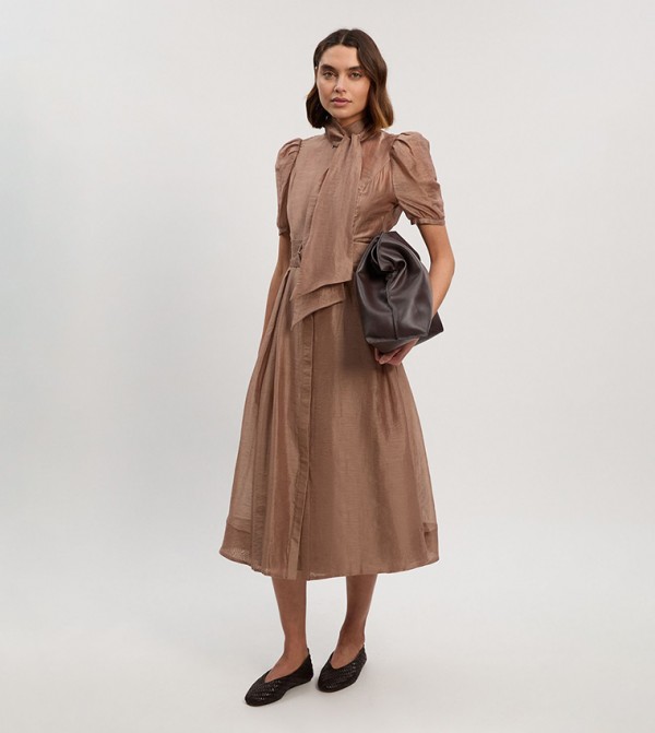 Organdie Tie Neck Woven Midi Dress