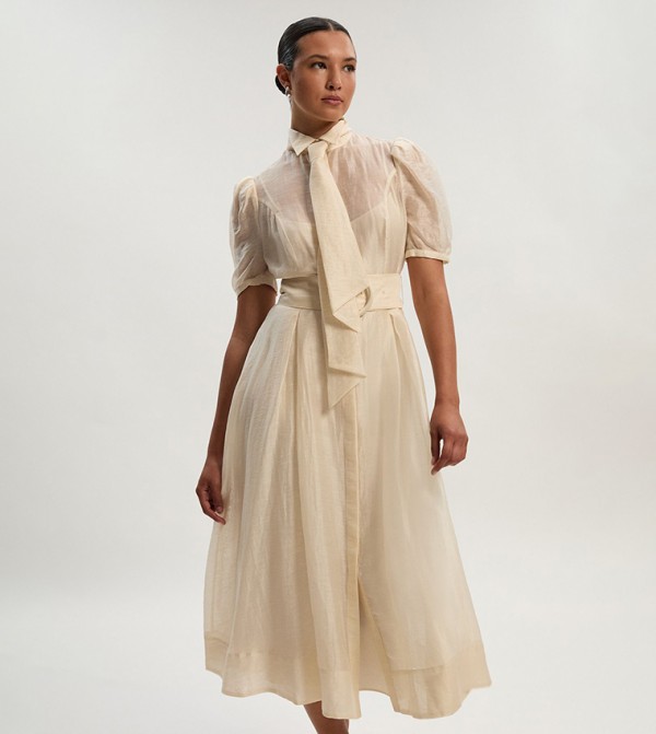 Organdie Tie Neck Woven Midi Dress