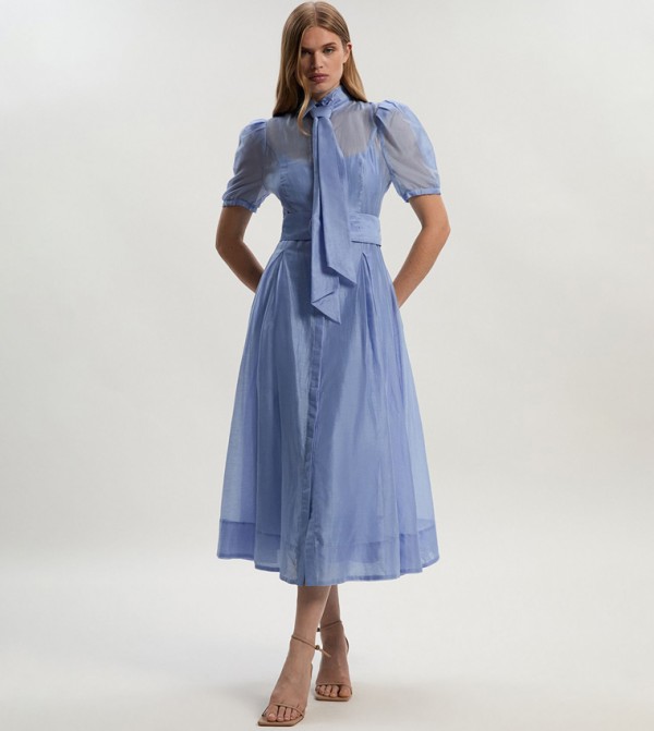 Organdie Tie Neck Midi Dress
