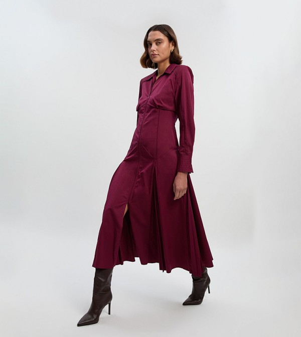 Pleated Detail Cotton Long Sleeves Woven Midi Dress