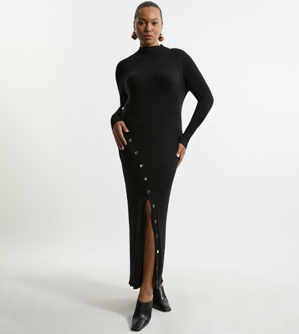 Curve Viscose Blend Popper Detail Split Knit Midaxi Dress
