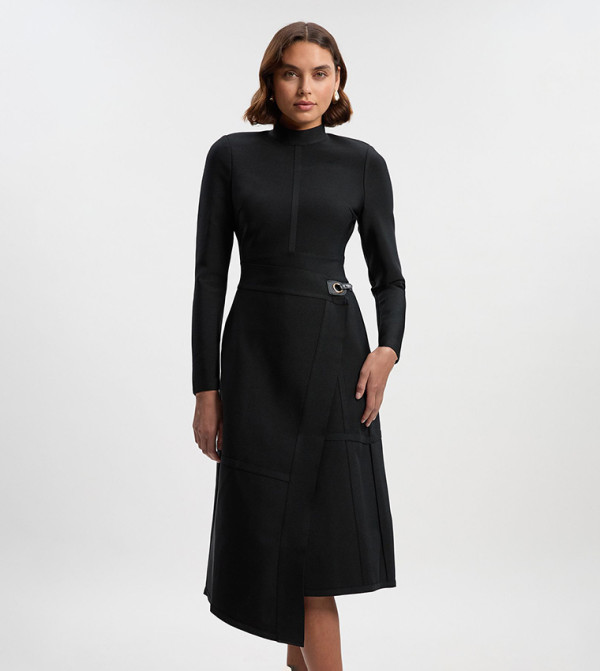 Figure Form Bandage Asymmetric Long Sleeves Knit Midi Dress