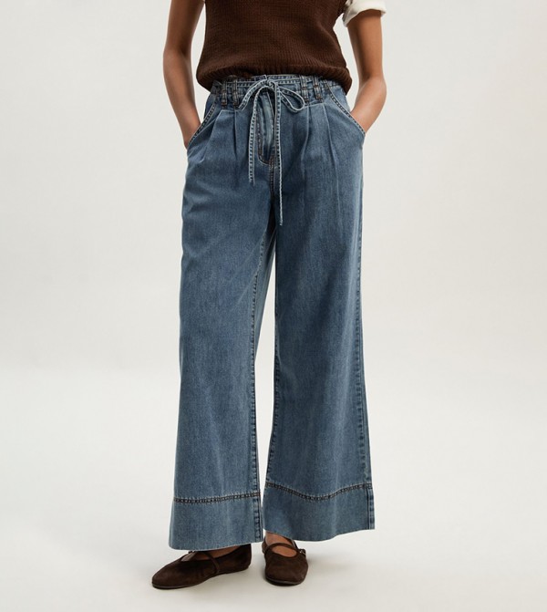 Washed Tie Waist Wide Leg Jeans