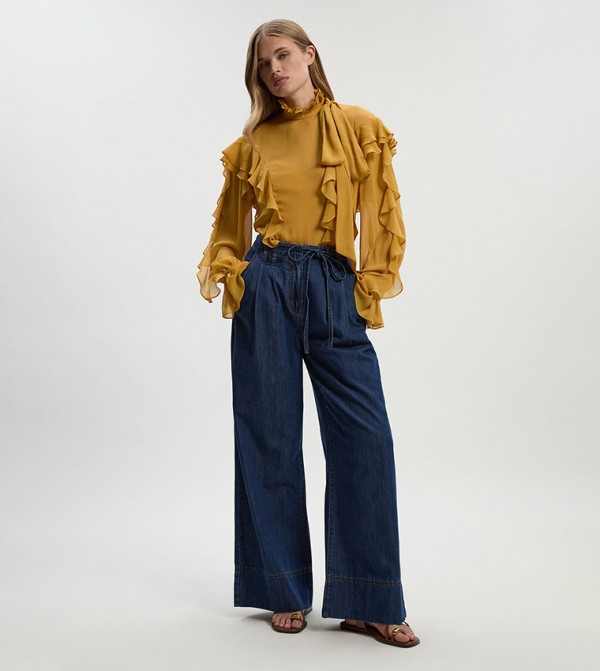 Petite Tie Waist Tailored Wide Leg Jeans