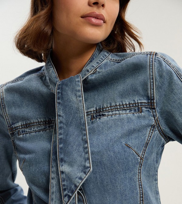 Pussy Bow Long Sleeves Denim Top