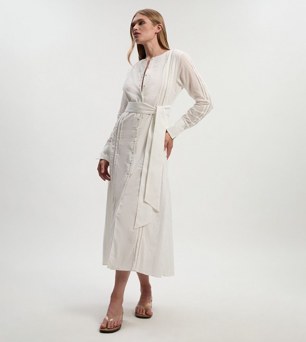 Lace Trim Insert Long Sleeves Midi Dress