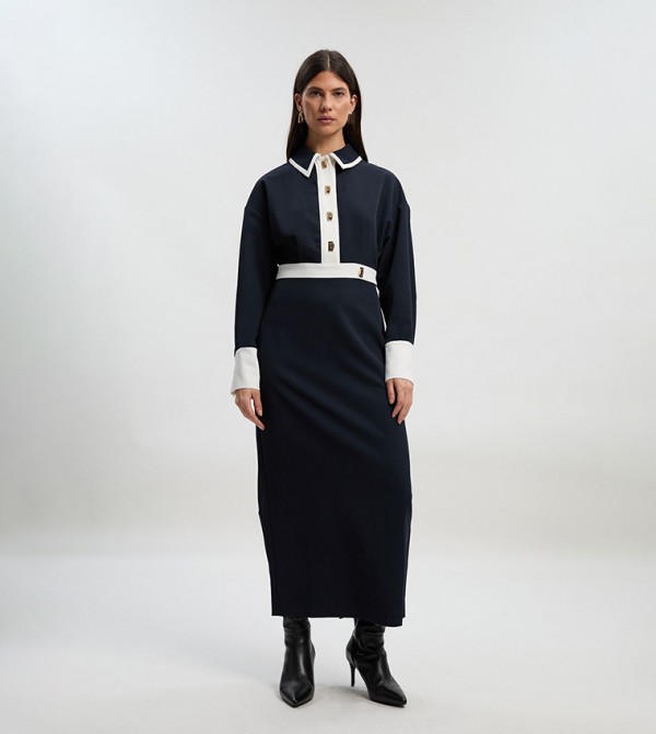 Twill Contrast Hardware Woven Midi Dress