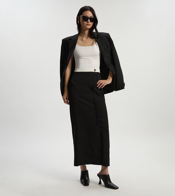 Contrast Hardware Woven Midi Skirt