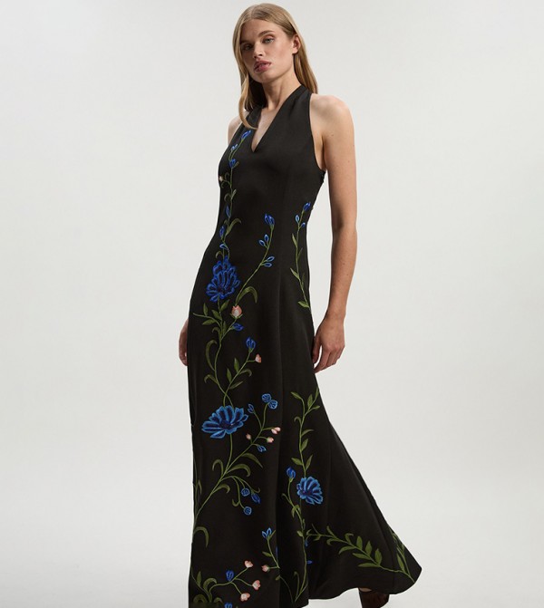 Placed Floral Halter Embroidered Crepe Maxi Dress