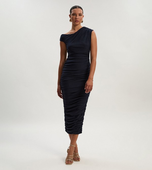 Textured Ruched Jersey Midi Dress