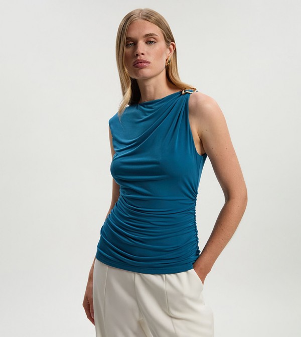 Drapey Crepe Trim Detail Ruched Sleeveless Top