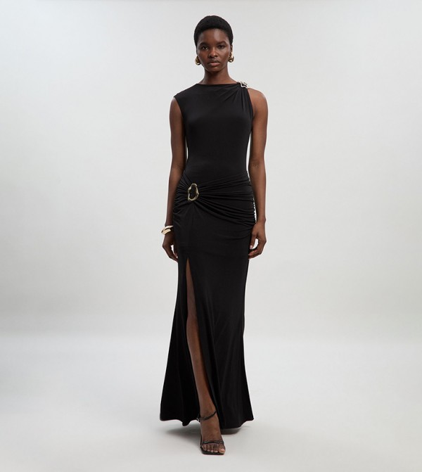 Drapey Crepe Trim Detail Rushed Maxi Dress