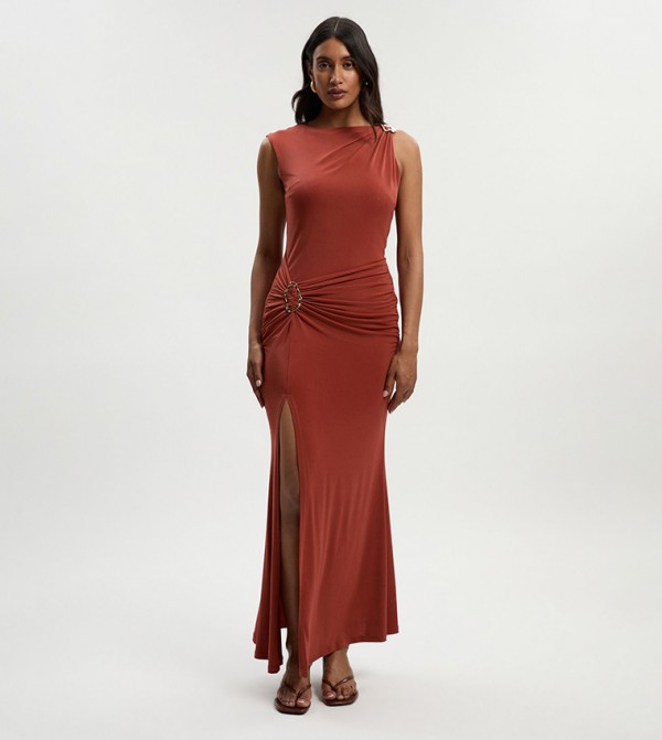 Drapey Crepe Trim Detail Ruched Maxi Dress