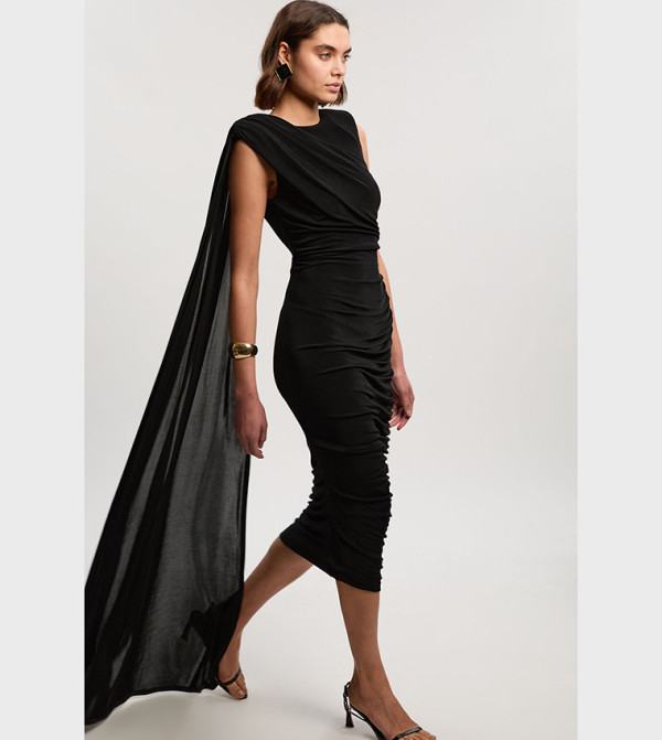 Premium Slinky Crepe Scarf Detail Midi Dress