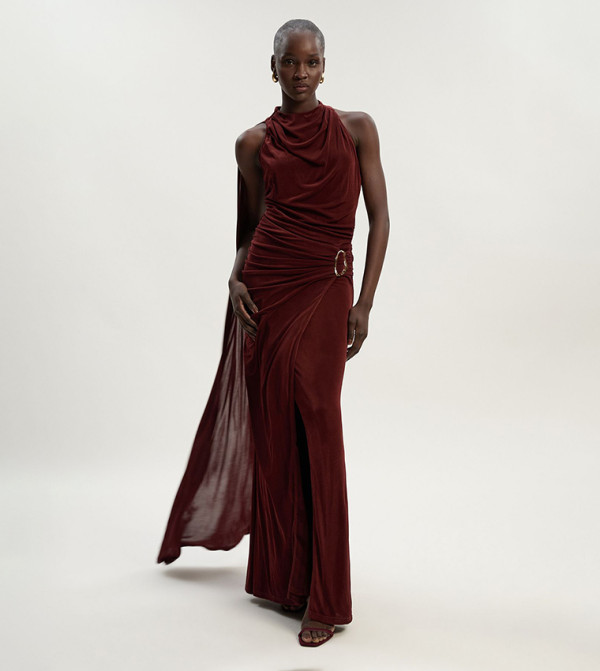 Premium Slinky Crepe Scarf Detail Maxi Dress