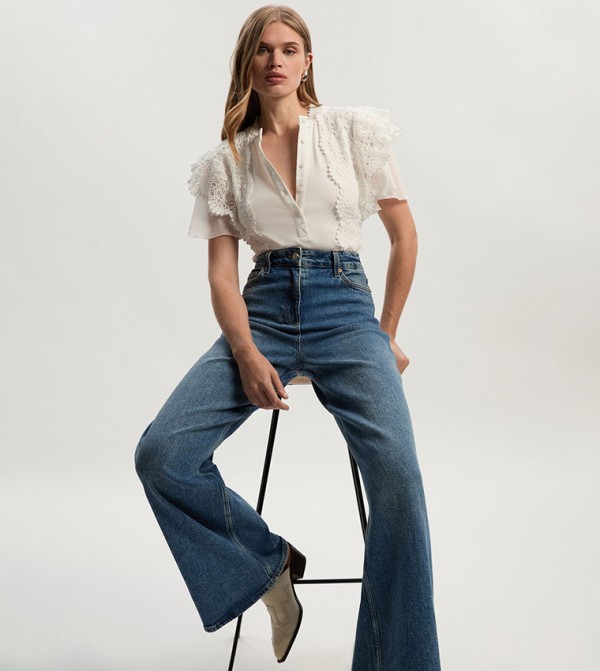 Capure Lace Trim Ribbed Button Detail Jersey Bodysuit